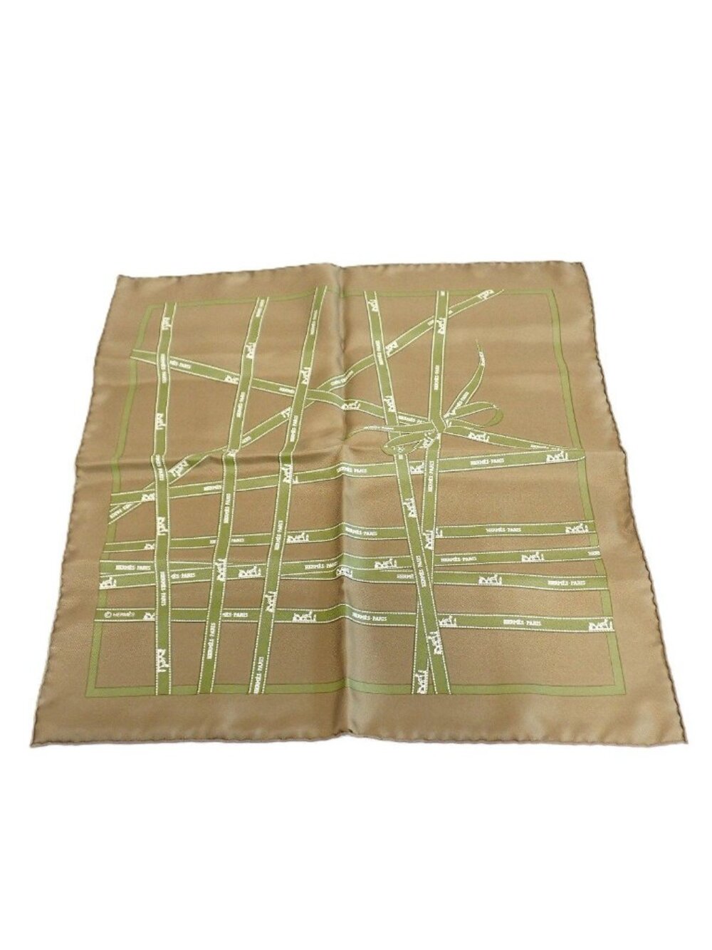 Hermes Carre 45 Scarf Bolduc Ribbon Silk 100% Khaki